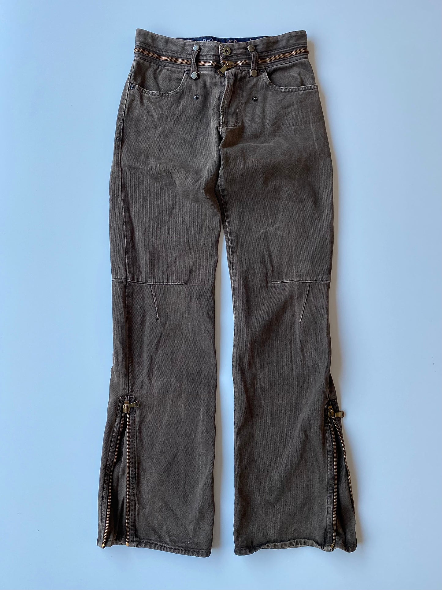 Dolce & Gabbana A/W 2003 Gold Zippers Faded Brown Denim Jeans